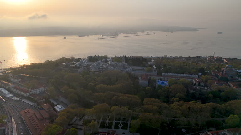 Aerial video footage of Istanbul Topkapi Palace at sunrise