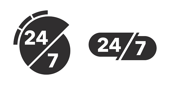 24 hours and 7 days - icons for around-the-clock working time