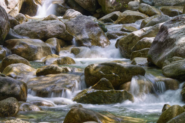 Long exposure shot of a small stream of water running over large rocks in the riverbed