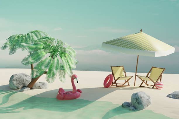 istock Empty summer tropical beach with coconut palms, beach chairs, umbrella and sun accessories. Summer travel concept. 3d render. Front view 2149991119