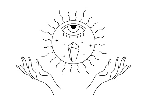Spirituality celestial crystal and eye in summer solstice sun levitate over woman hands. Mystic equinox holiday linear symbol. Esoteric tattoo or logo outline sketch. Boho style summertime vector sign