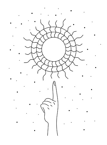 Mystic celestial summer solstice sun rays sign levitate over woman hand. Spirituality equinox holiday linear symbol. Esoteric tattoo or logo outline sketch. Boho style summertime vector eps logotype