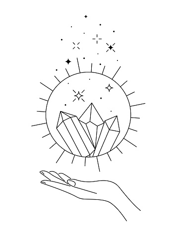 Spirituality celestial crystal in summer solstice sun sign levitate over woman hand. Mystic equinox holiday linear symbol. Esoteric tattoo or logo outline sketch. Boho style summertime vector logotype