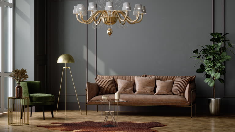 Elegant Living Room Interior With Green Velvet Armchairs, Brown Leather Sofa, Floor Lamp, Coffee Table And Empty Wall