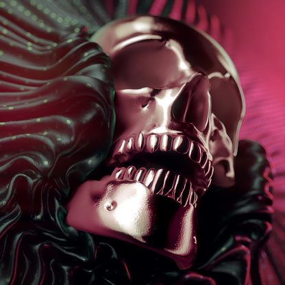 Mystical, otherworldly background with metallic human skull in folds of dark shiny fabric, ominous composition illuminated by red-green neon light. 3d rendering digital illustration