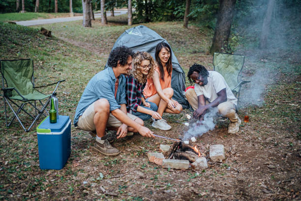 istock Friends roasting marshmallows together at camping 2149992956