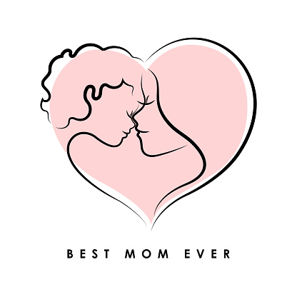 Hand drawn silhouette of mother and child on pink heart shape, black outline vector illustration isolated on white background and best mom ever text