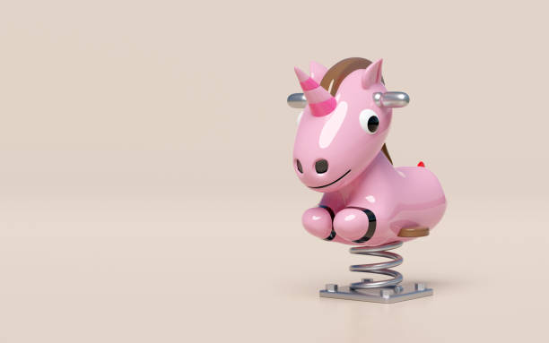 istock Playground unicorn spring rider isolated on pink background. 3d render illustration 2149995876