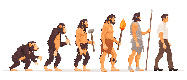Human evolution. Development from ape to modern man concept. Growth process with monkey, walking upright primate, caveman to businessman. History mankind progress stages. Vector illustration.