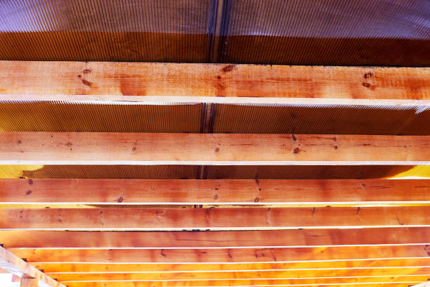 sheets of cellular polycarbonate laid on top of wooden rafters