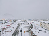 Drone point of view Grundarfjörður, Iceland Small Town in Winter