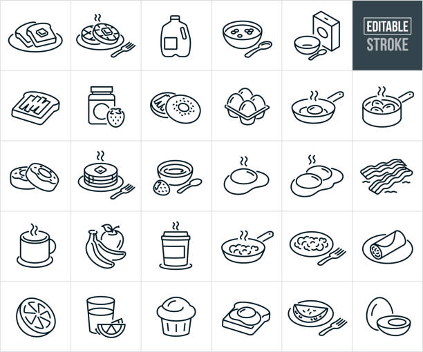 Breakfast Foods Thin Line Icons - Editable Stroke A set of breakfast foods icons that include editable strokes or outlines using the EPS vector file. The icons include a plate with buttered toast, bowl of cereal with milk, empty bowl sitting next to a box of cereal, egg being cooked in frying pan, eggs boiling in a pot of water, waffles on a plate, gallon on milk, carton of eggs, fried egg, cooked bacon, bagel with cream cheese, plate of pancakes, hard boiled egg, scrambled eggs in frying plan, scrambled eggs on plate, breakfast burrito on plate, cup of coffee, bananas and apple, sunny side egg on toast, omelet on plate, bowl of strawberry yogurt, orange, glass of orange juice, muffin, doughnuts, jam on toast and a bottle of strawberry jam. omelette on the plate stock illustrations