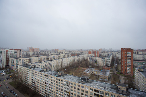 Top view of the sleeping area of ​​the city of St. Petersburg on a cloudy day