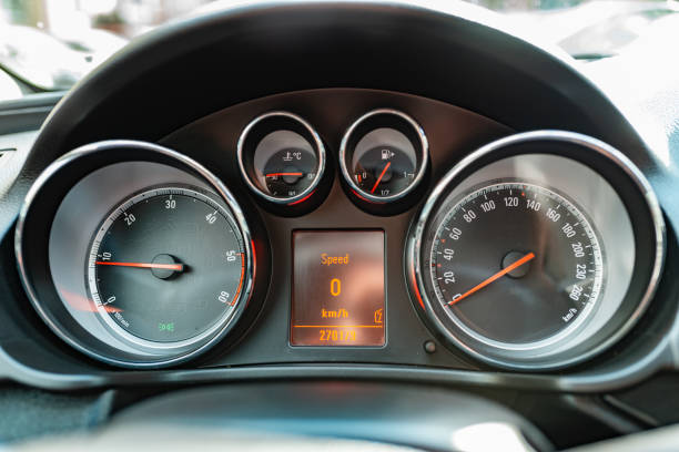 istock Modern car speedometer,odometer,tachometer and illuminated dashboard. car dashboard modern automobile controlilluminated panel speed display.Car instrument panel.Close up.Selective focus. 2149998983
