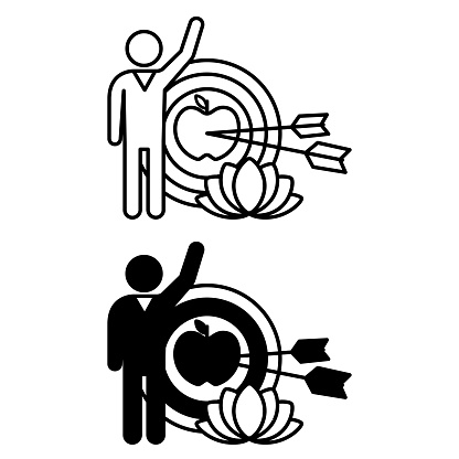 Achievable Goals Icons. Black and White Vector Icons of Person, Goal, and Lotus. Healthy lifestyle. Wellness Concept