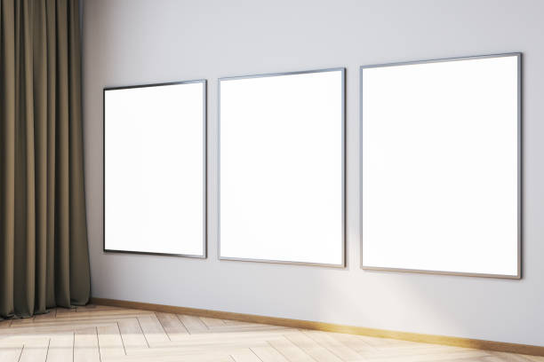 istock Modern interior with empty white mock up banners on wall, curtain and sunlight. 3D Rendering. 2149999865