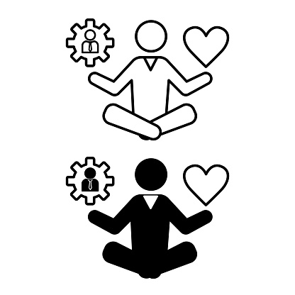 Stress Management Icons. Black and White Vector Icons of Meditating Man. Work-Life Balance. Mental Health. Wellness Concept