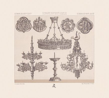 European Middle Ages, Church equipment, 15th to 16th century, top row (left to right): Agraffe in the shape of a cloverleaf made of silver, partly gilded; Agraffe made of chased silver and with transparent enamel. It represents the city of Tournai; Wrought iron chandelier with twenty-eight candles, decorated with the coats of arms of the donors, from the church of Eglise Saint-Pierre in Bastogne, Belgium; Agraffe made of partly gilded silver with an enamel base, from the Basilica of Our Lady of Tongre, Belgium; Below row: Agraffe in shape of a four-leaf clover made of partly gilded silver, with niellos and transparent enamel, from the Basilica of Our Lady of Tongre, Belgium; Copper candlestick with sixteen candles, 16th century, from a church in Mechelen, Belgium; Altar boy's portable candlestick made of beaten copper, around 1500, from Sint-Annakerk, Bruges, Belgium; Wrought iron chandelier in three floors, early 16th century, from St Bavo's Cathedral in Ghent, Belgium. Chromolithograph from the book 