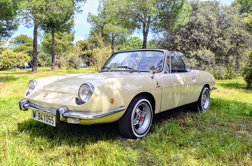 April 20, 2024, Madrid (Spain). FIAT 850 sport spider is one of the most iconic ciches of the Italian brand
