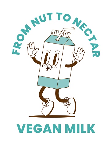 Retro cartoon vegan plant based milk character. Vintage alternatives lactose free drink