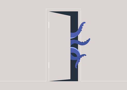 Mysterious Octopus Sneaking Through an Ajar Door, Tentacles of a sly sea creature peeking from a partly open doorway, hinting at a secret world beyond