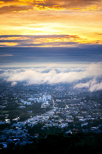 The Aerial View of Chiang Mai City in cloudy day at sunrise, Thailand