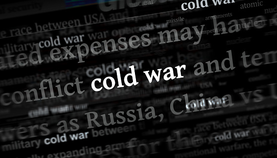Cold war and arms race headline news across international media. Abstract concept of news titles on noise displays. TV glitch effect 3d illustration.
