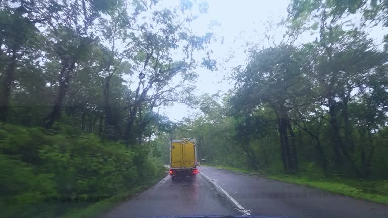 Following Shot of Driving Through Dense Forest With A Truck Ahead During Rainy Weather 1080