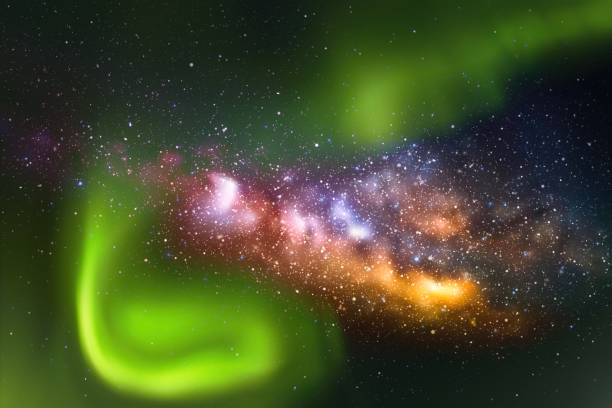 Night starry sky Green aurora borealis. Milky Way and Northern lights aurora borealis orange stock illustrations