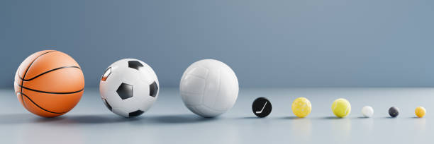 istock Sports balls in a row of various sizes 3d rendering. 2150004016