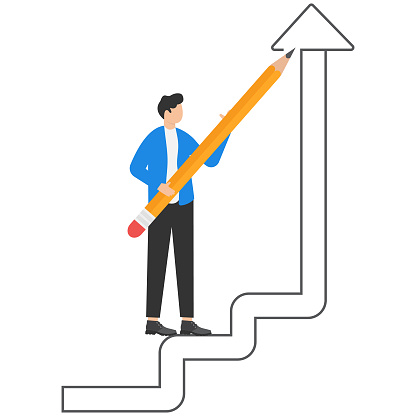 Business development successful, strategy to reach business target or career path achievement concept, businesswoman use huge pencil to draw rising up staircase and walk climbing up ladder