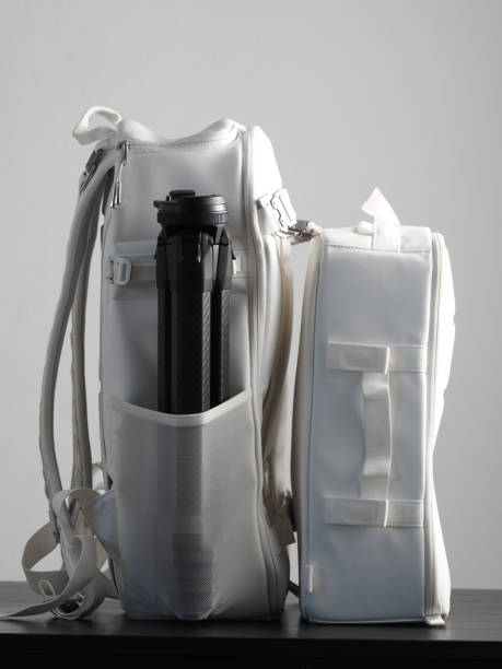 istock Multifunctional stylish white backpacks with photo equipment. 2150005232