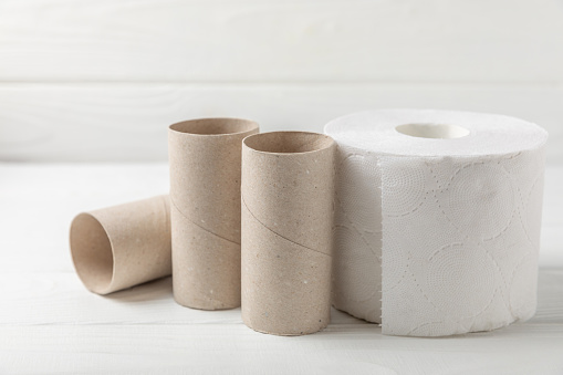 Empty toilet paper roll. Rolls of toilet paper on  background. Paper tube of toilet paper. Place for text. Copy space. Flat lay. Eco-friendly reuse recycle