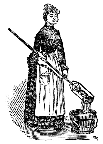 A Victorian woman using a self wringing ratchet mop. Vintage etching circa 19th century.