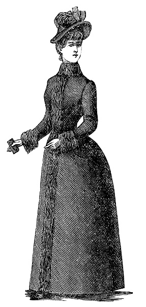A 1890s Victorian style fashion, ladies frock overcoat and flower pot hat. Vintage etching circa 19th century.