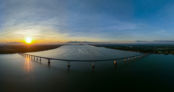 Dawn on Co Chien Bridge, a bridge spanning Co Chien River, connecting the two banks of Tra Vinh province and Ben Tre province