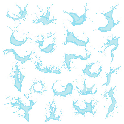 Collection of vector splashes and splashes of blue water or liquid of different sizes and shapes. Dynamic and lively splashes and splashes.