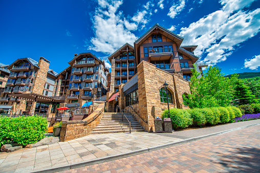 Vail, CO - July 3, 2019: Beautiful city streets and buildings on a sunny summer day.