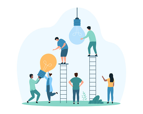 Change to new innovation, transform solutions with creative ideas, improvement and reorganization of management. Tiny people replace dark old light bulb with bright lamp, cartoon vector illustration
