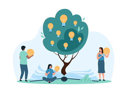 Creative thinking and idea development, education. Tiny people growing knowledge tree from open book and school textbook, plant with light bulbs and leaf on branches cartoon vector illustration