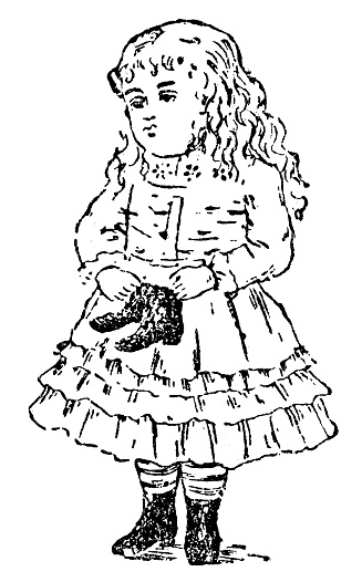 A Victorian little girl holding a new pair of shoes. Vintage etching circa 19th century.