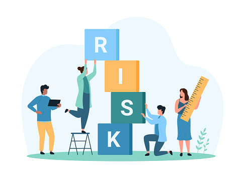 Financial risk analysis, investment and business safety control. Tiny people measure high tower of cubes with Risk word to assess probability of crisis and invest money cartoon vector illustration