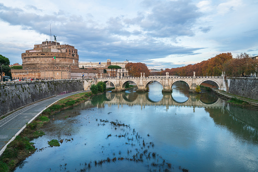Rome, Italy - December 02, 2017: St. Angelo Bridge over river Tiber in autumn