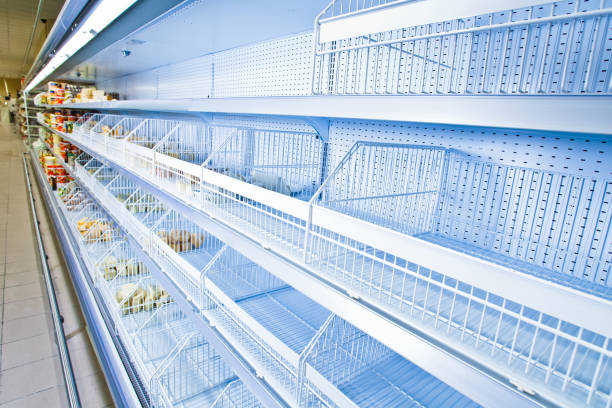 istock Refrigerated counter. Empty counters. Retail store equipment. Refrigeration chamber for food storage. 2150014097