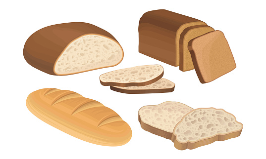 Starchy Foods or Baked Goods with Loaf of Bread Vector Set. Flour-based Food and Pastry Concept