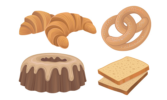 Starchy Foods or Baked Goods with Croissant and Bread Slices Vector Set. Flour-based Food and Pastry Concept