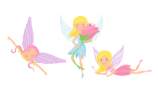 Little Fairy or Pixie with Wings Holding Flower and Magic Wand Vector Illustration Set. Fantastic Forest Creature in Pretty Dress from Kids Tale