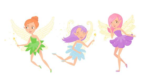 Little Fairy or Pixie with Wings Holding Magic Wand Vector Illustration Set. Fantastic Forest Creature in Pretty Dress from Kids Tale