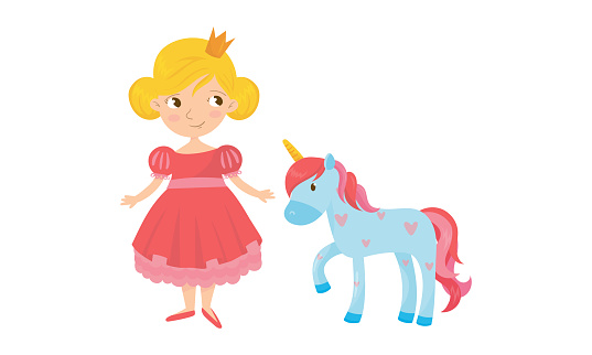 Princess with Golden Crown and Unicorn with Twisted Horn Vector Set. Dreamy Fairytale Symbol Concept