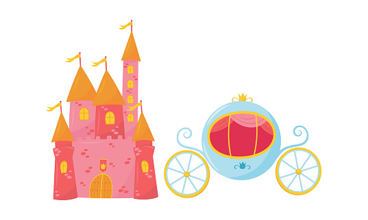 Castle with Towers and Flags and Royal Coach Vector Set. Dreamy Fairytale Symbol Concept